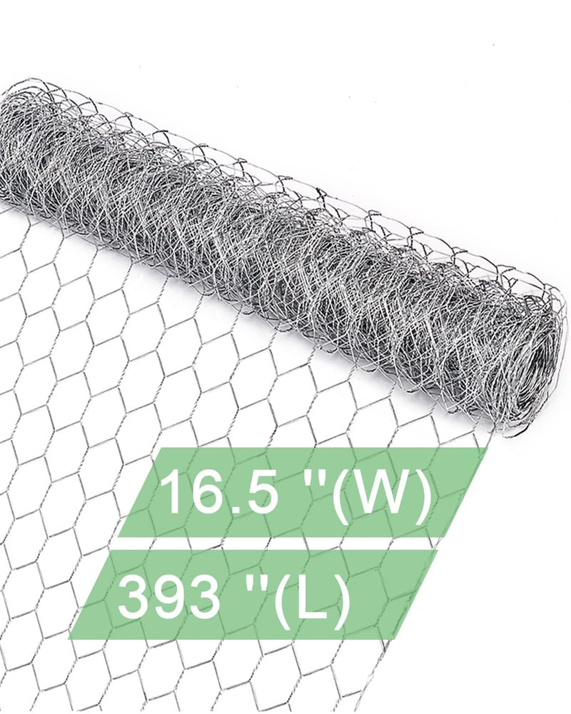 vensovo لفافة شبكة دجاج مجلفنة 16.5" × 393"، سياج نتاج دجاج سداسي 0.8 بوصة للحديقة، الأرانب، حظيرة الدجاج، حماية النباتات والحرف اليدوية - Image 1