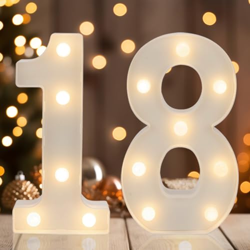 IFDGCTK LED 18 Marquee Number Lights, Warm White Decorative LED Light Up Numbers, Battery Operated, for Girls Boys 18th Birthday Party, Graduation, Gifts, Anniversary, Wedding, Home, Bar Decor - Image 1