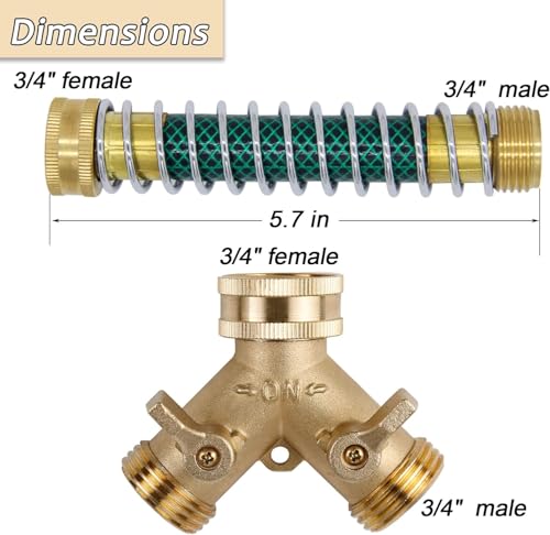 Triumpeek 3/4" Brass 2 Way Hose Splitter, Brass 2 Way Garden Hose Connector with 2 Pcs Garden Hose Coiled Spring Protectors and 6 Rubber Washers - Image 2