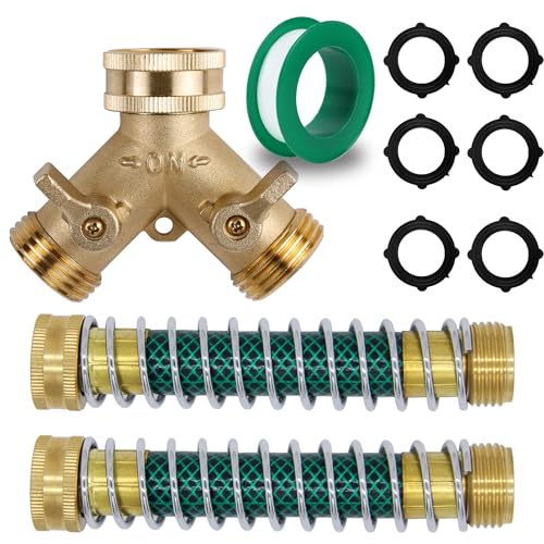 Triumpeek 3/4" Brass 2 Way Hose Splitter, Brass 2 Way Garden Hose Connector with 2 Pcs Garden Hose Coiled Spring Protectors and 6 Rubber Washers - Image 1
