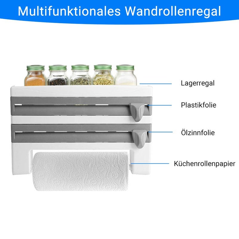 Ejoyous Cling Film Dispenser, Kitchen Roll Holder Wall Mounted Tin Foil Dispenser and Cutter, 3 in 1 Triple Roll Dispenser for Foil, Cling Film and Paper Towel Sauce Bottle Storage Rack Paper Towel Holder - Image 2
