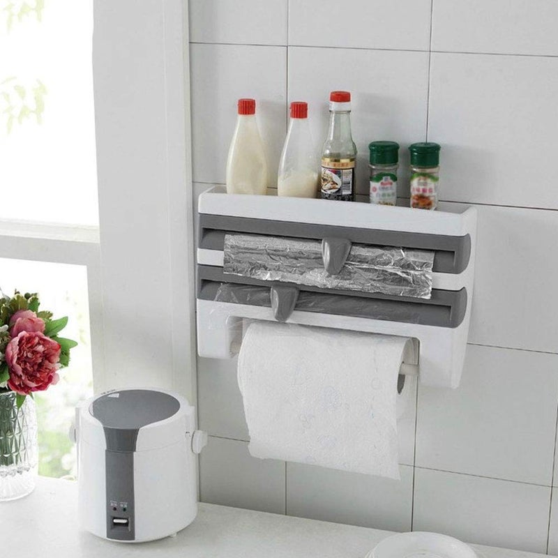Ejoyous Cling Film Dispenser, Kitchen Roll Holder Wall Mounted Tin Foil Dispenser and Cutter, 3 in 1 Triple Roll Dispenser for Foil, Cling Film and Paper Towel Sauce Bottle Storage Rack Paper Towel Holder - Image 3