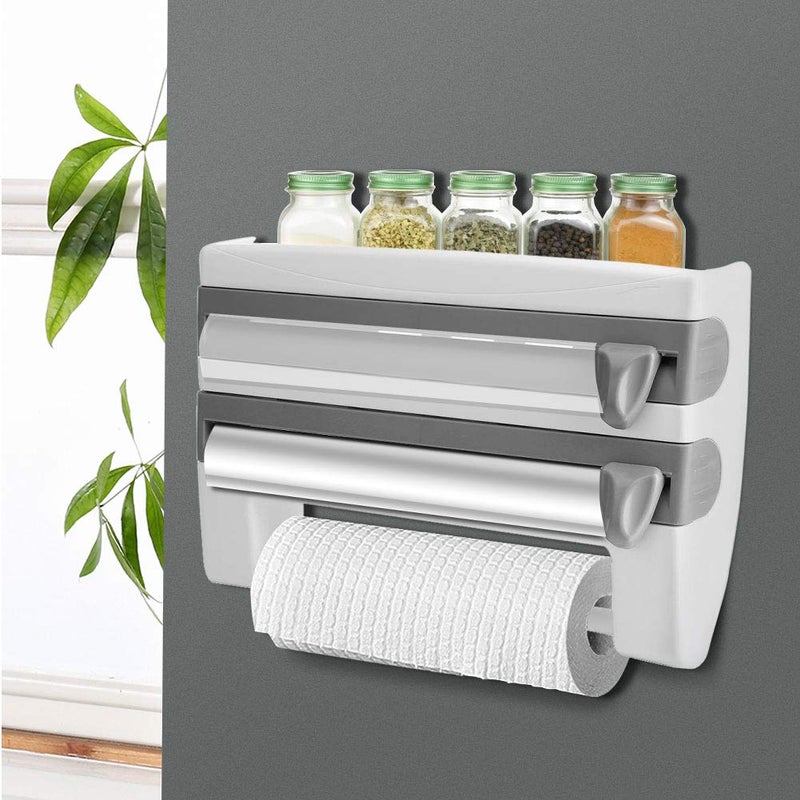 Ejoyous Cling Film Dispenser, Kitchen Roll Holder Wall Mounted Tin Foil Dispenser and Cutter, 3 in 1 Triple Roll Dispenser for Foil, Cling Film and Paper Towel Sauce Bottle Storage Rack Paper Towel Holder - Image 1