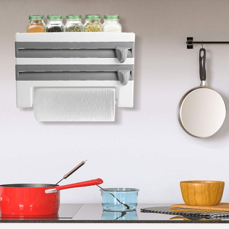 Ejoyous Cling Film Dispenser, Kitchen Roll Holder Wall Mounted Tin Foil Dispenser and Cutter, 3 in 1 Triple Roll Dispenser for Foil, Cling Film and Paper Towel Sauce Bottle Storage Rack Paper Towel Holder - Image 4
