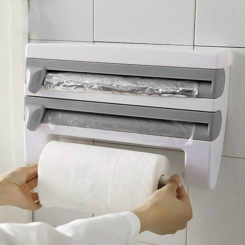 Ejoyous Cling Film Dispenser, Kitchen Roll Holder Wall Mounted Tin Foil Dispenser and Cutter, 3 in 1 Triple Roll Dispenser for Foil, Cling Film and Paper Towel Sauce Bottle Storage Rack Paper Towel Holder - Image 5