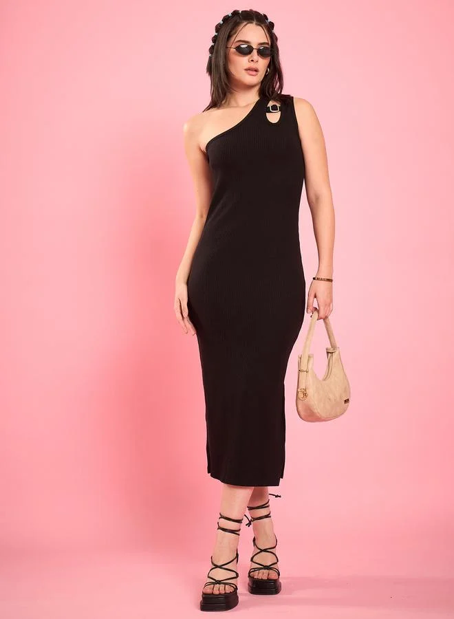 Winered Black Ribbed One-Shoulder Midi Dress