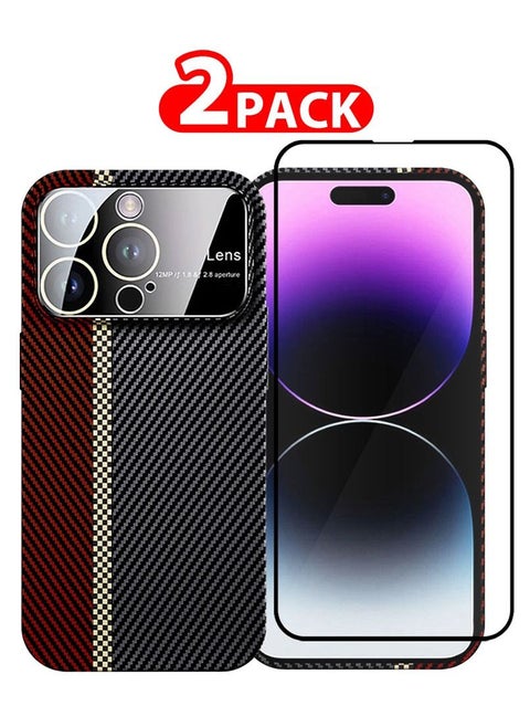 2 Packs for 14 Pro Carbon Case Large Window Camera Protection and Screen Protector Unique Design Mixed Amazing Color Aramid Carbon Fiber Phone Case Red
