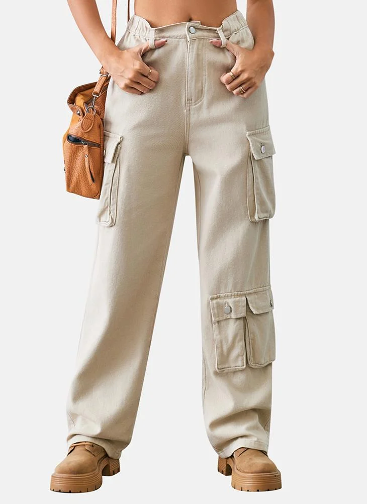 YUNIQEE Beige Regular Fit Mid Rise Plain Cargo Pant