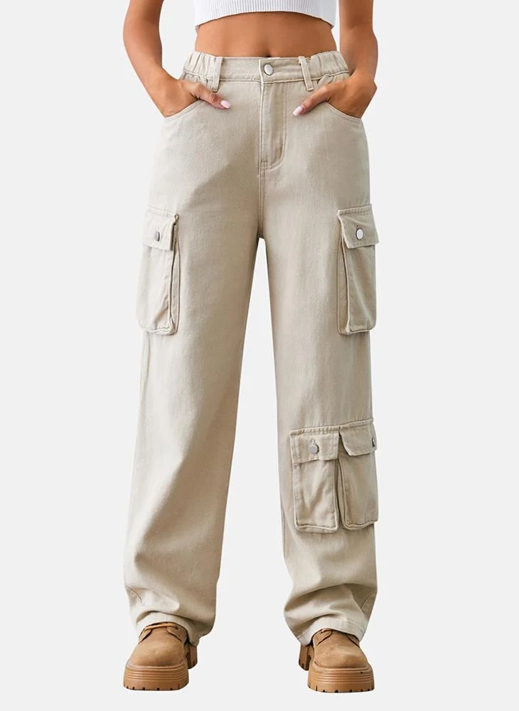 YUNIQEE Beige Regular Fit Mid Rise Plain Cargo Pant