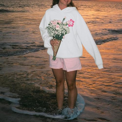Lubpow Cute Pink Flower Hoodie for Woman Preppy Sweatshirts Trendy Puff Print Letter Graphic Hoodies Casual Pullover Tops(White,L) - Image 4