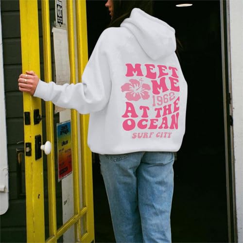 Lubpow Cute Pink Flower Hoodie for Woman Preppy Sweatshirts Trendy Puff Print Letter Graphic Hoodies Casual Pullover Tops(White,L) - Image 2