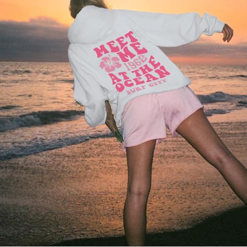 Lubpow Cute Pink Flower Hoodie for Woman Preppy Sweatshirts Trendy Puff Print Letter Graphic Hoodies Casual Pullover Tops(White,L) - Image 5