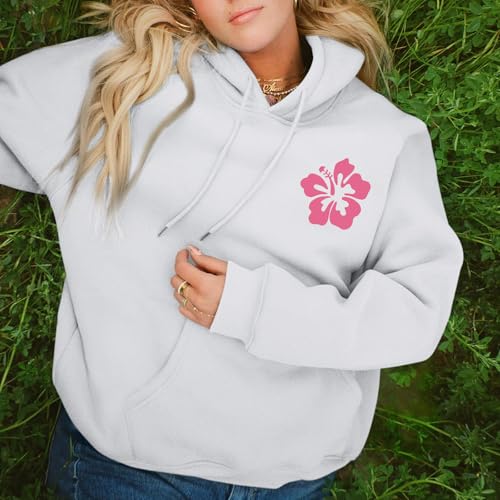 Lubpow Cute Pink Flower Hoodie for Woman Preppy Sweatshirts Trendy Puff Print Letter Graphic Hoodies Casual Pullover Tops(White,L) - Image 3
