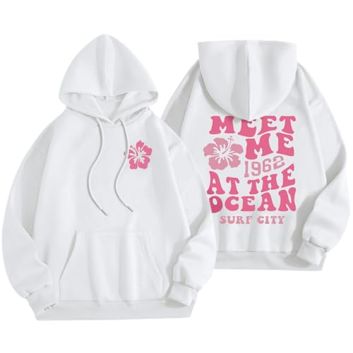 Lubpow Cute Pink Flower Hoodie for Woman Preppy Sweatshirts Trendy Puff Print Letter Graphic Hoodies Casual Pullover Tops(White,L) - Image 1