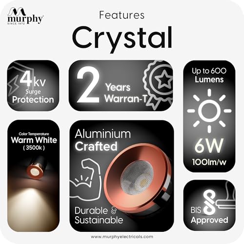 Murphy 6W Crystal Black Rose Gold Cylindrical COB Surface Lights for Ceiling (Warm White, Pack of 5) - Image 4