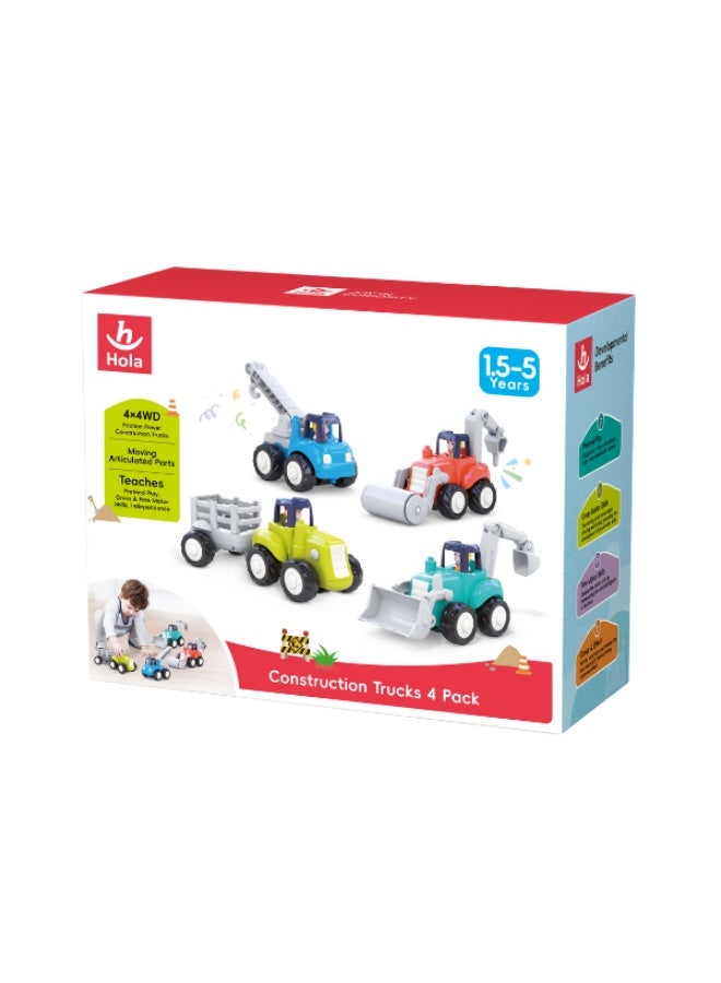 HOLA 4WD Construction Truck Set for Toddlers – 4 PCS Friction Powered Vehicles, Bulldozer, Crane, Roller & Tractor, Durable Interactive Construction Trucks Toy Playset for Kids, Multicolor, Age 18M - Image 1