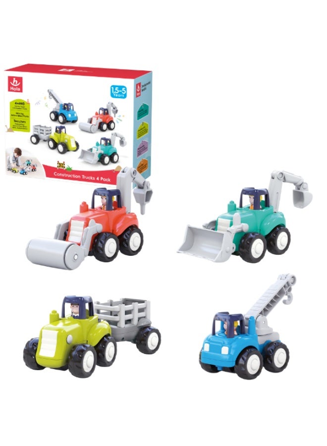 HOLA 4WD Construction Truck Set for Toddlers – 4 PCS Friction Powered Vehicles, Bulldozer, Crane, Roller & Tractor, Durable Interactive Construction Trucks Toy Playset for Kids, Multicolor, Age 18M - Image 2