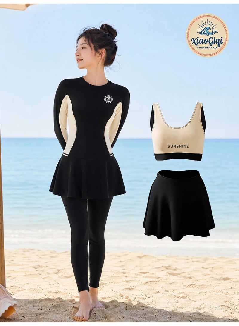 XiaoGiqi Women 3 Pieces Long Sleeve Modest Swimsuit, Black Beige Color Block Zip Front UPF Sun Protection Rash Guard, Skirted Full Leg Conservative Swimwear for Beach Snorkeling Diving - Image 1