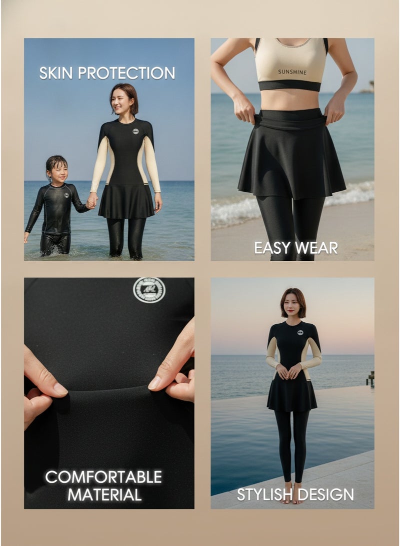 XiaoGiqi Women 3 Pieces Long Sleeve Modest Swimsuit, Black Beige Color Block Zip Front UPF Sun Protection Rash Guard, Skirted Full Leg Conservative Swimwear for Beach Snorkeling Diving - Image 2