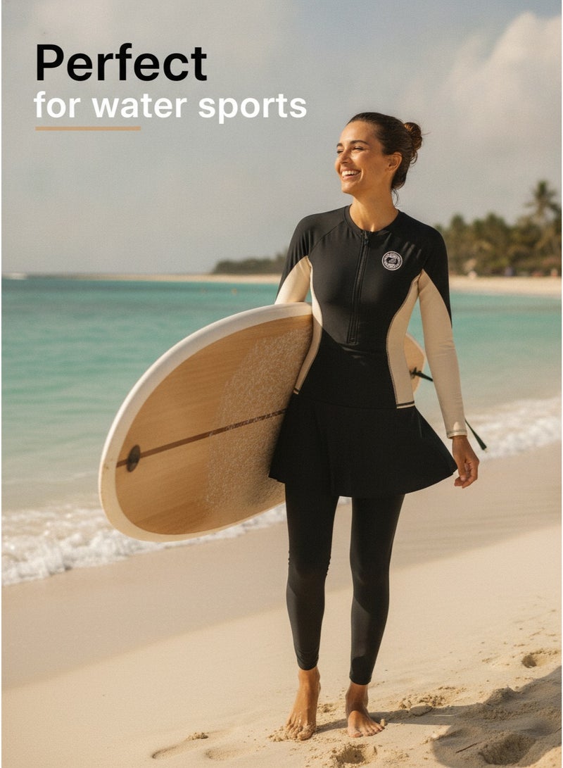 XiaoGiqi Women 3 Pieces Long Sleeve Modest Swimsuit, Black Beige Color Block Zip Front UPF Sun Protection Rash Guard, Skirted Full Leg Conservative Swimwear for Beach Snorkeling Diving - Image 3