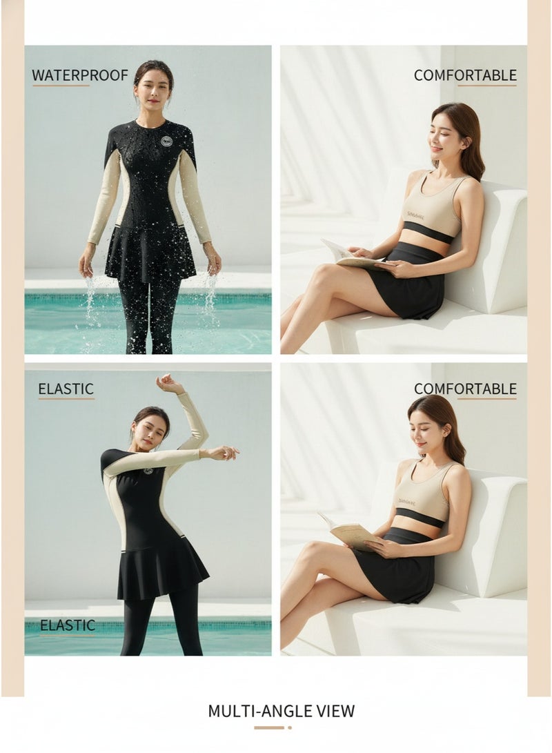 XiaoGiqi Women 3 Pieces Long Sleeve Modest Swimsuit, Black Beige Color Block Zip Front UPF Sun Protection Rash Guard, Skirted Full Leg Conservative Swimwear for Beach Snorkeling Diving - Image 5