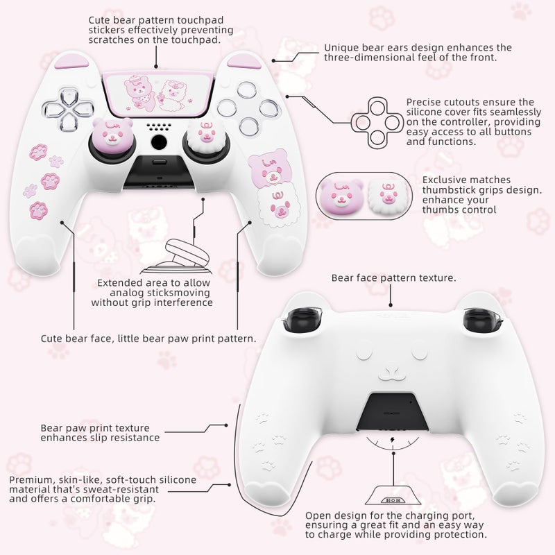 PlayVital Cute Bear Controller Silicone Case for ps5, Kawaii Controller Cover Compatible with Charging Station, Gamepad Skin Protector for ps5 with Touch Pad Sticker & Thumb Grips - White & Pink - Image 3