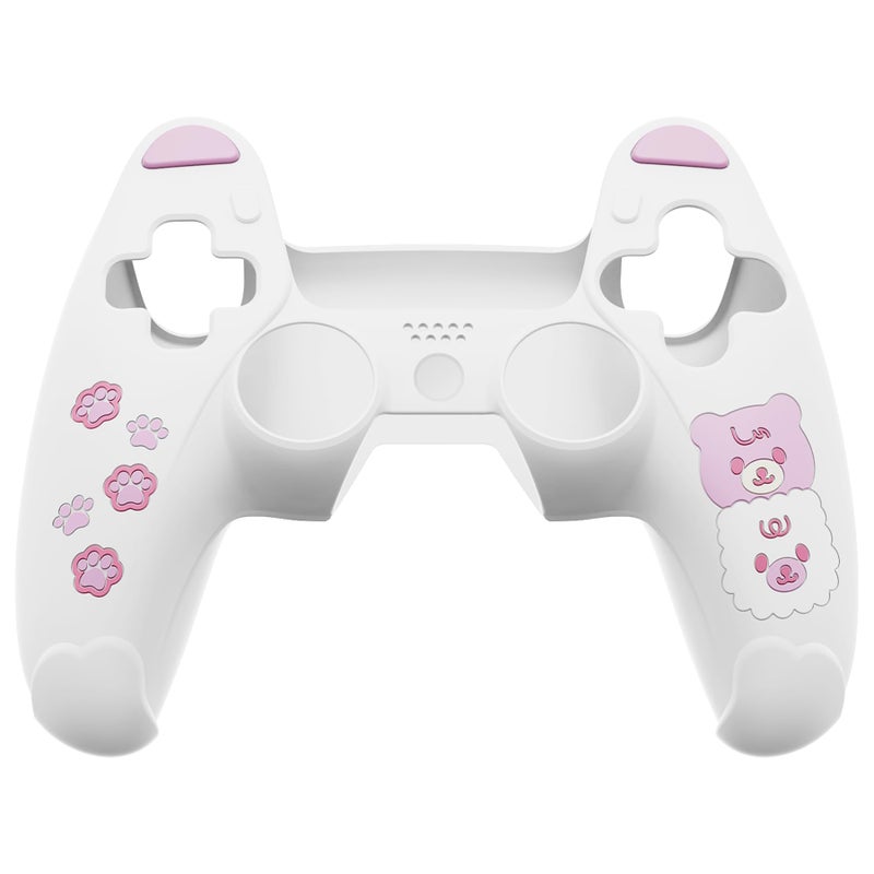 PlayVital Cute Bear Controller Silicone Case for ps5, Kawaii Controller Cover Compatible with Charging Station, Gamepad Skin Protector for ps5 with Touch Pad Sticker & Thumb Grips - White & Pink - Image 2