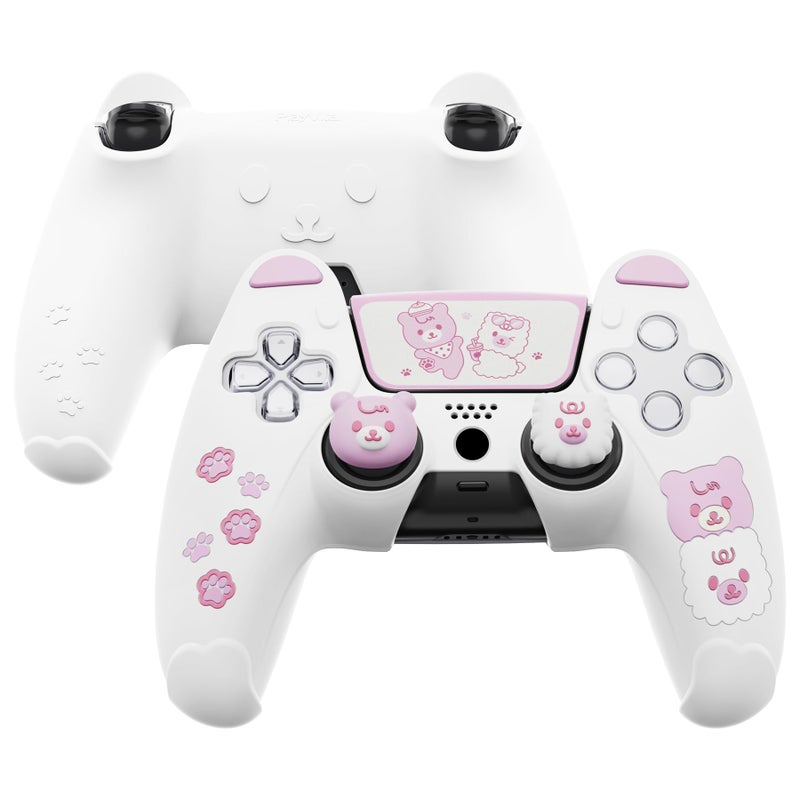 PlayVital Cute Bear Controller Silicone Case for ps5, Kawaii Controller Cover Compatible with Charging Station, Gamepad Skin Protector for ps5 with Touch Pad Sticker & Thumb Grips - White & Pink - Image 1