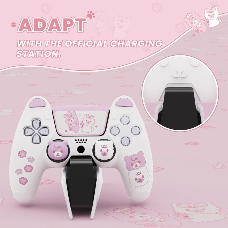 PlayVital Cute Bear Controller Silicone Case for ps5, Kawaii Controller Cover Compatible with Charging Station, Gamepad Skin Protector for ps5 with Touch Pad Sticker & Thumb Grips - White & Pink - Image 5