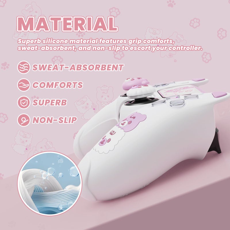 PlayVital Cute Bear Controller Silicone Case for ps5, Kawaii Controller Cover Compatible with Charging Station, Gamepad Skin Protector for ps5 with Touch Pad Sticker & Thumb Grips - White & Pink - Image 4