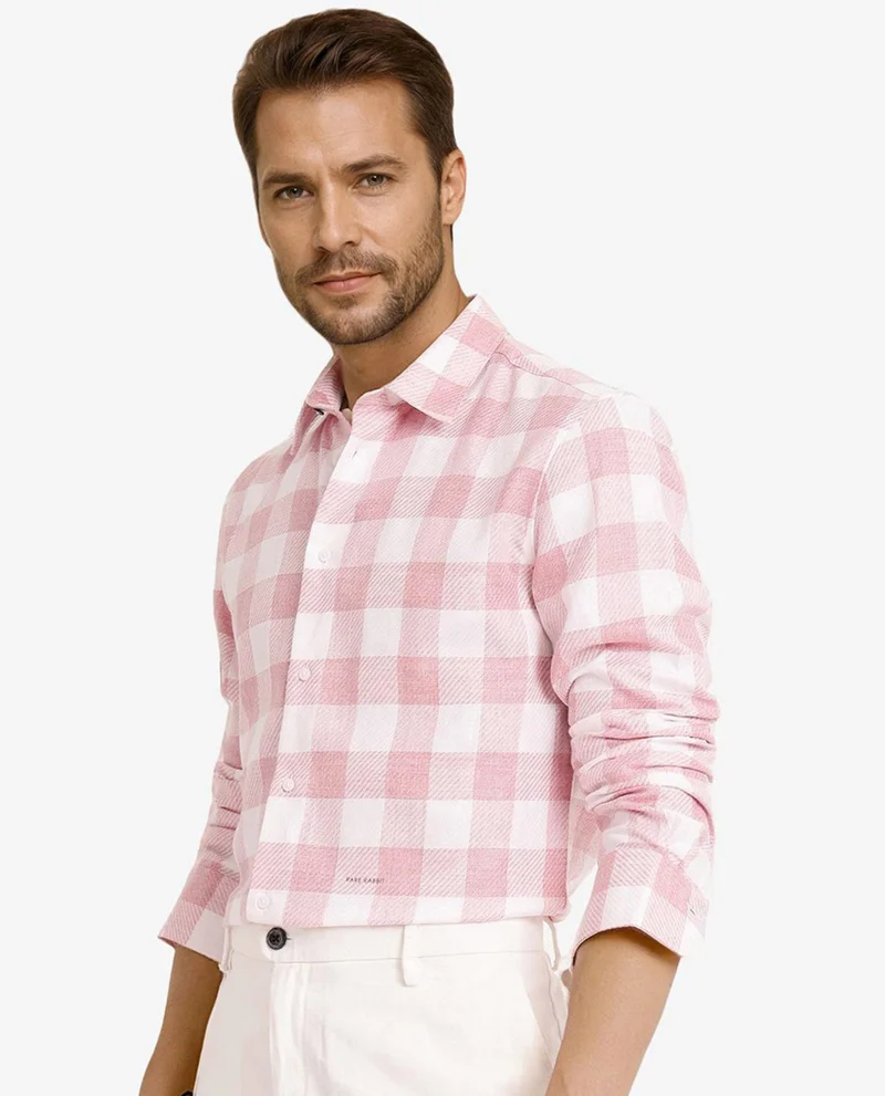 Rare Rabbit Rare Rabbit Men Denmark Light Pink Cotton Lyocell Fabric Full Sleeve Regular Collar Button Closure Checks Shirt