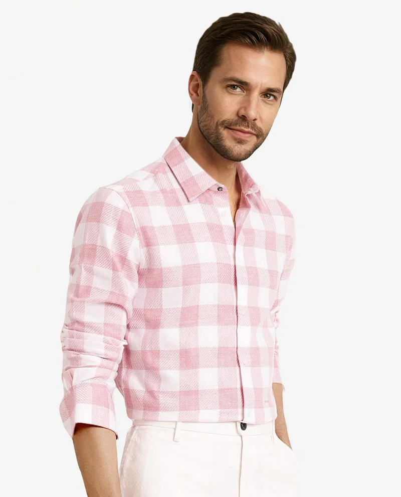 Rare Rabbit Rare Rabbit Men Denmark Light Pink Cotton Lyocell Fabric Full Sleeve Regular Collar Button Closure Checks Shirt