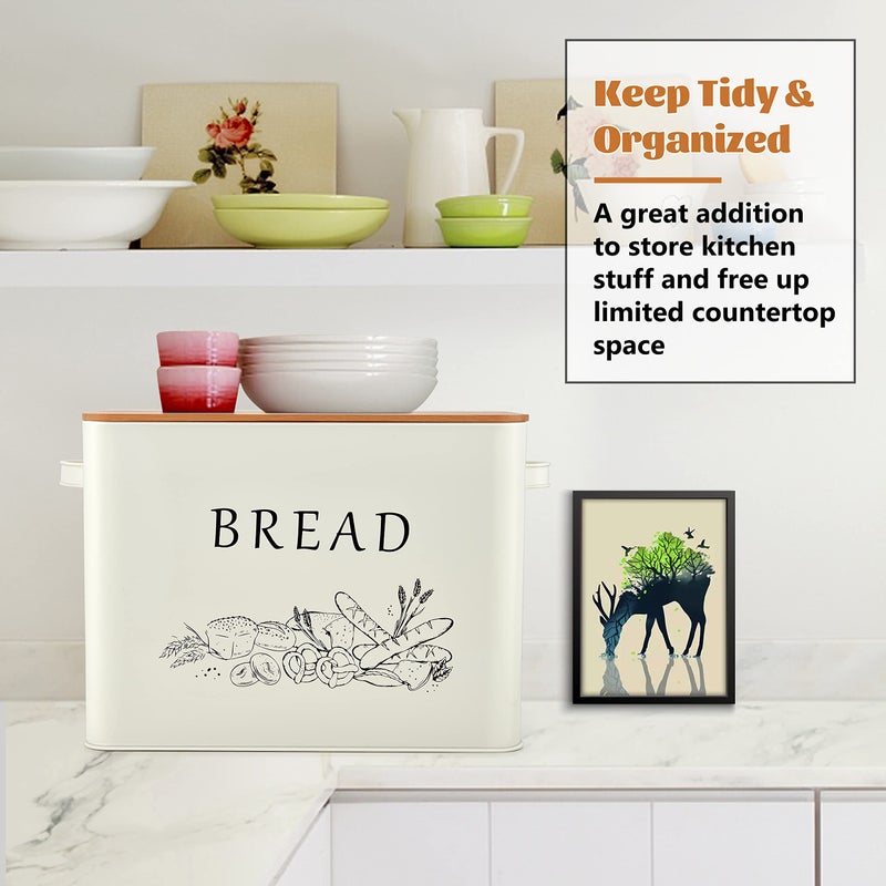 E-far Bread Box for Kitchen Countertop, Metal Bread Storage Container Bin with Bamboo Lid for Cutting Bread, Extra Large & Farmhouse Style, 13” x 7.2” x9.8”, Cream - Image 5