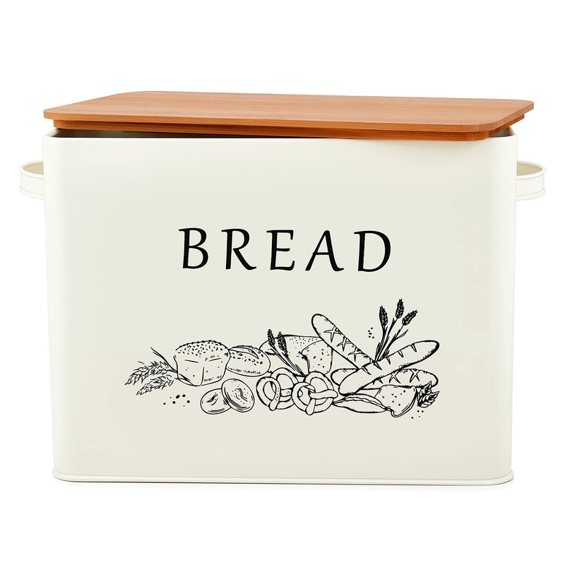 E-far Bread Box for Kitchen Countertop, Metal Bread Storage Container Bin with Bamboo Lid for Cutting Bread, Extra Large & Farmhouse Style, 13” x 7.2” x9.8”, Cream - Image 1