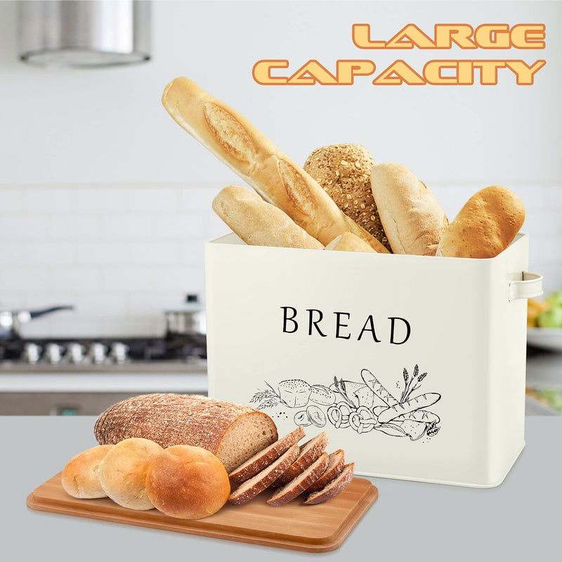 E-far Bread Box for Kitchen Countertop, Metal Bread Storage Container Bin with Bamboo Lid for Cutting Bread, Extra Large & Farmhouse Style, 13” x 7.2” x9.8”, Cream - Image 3