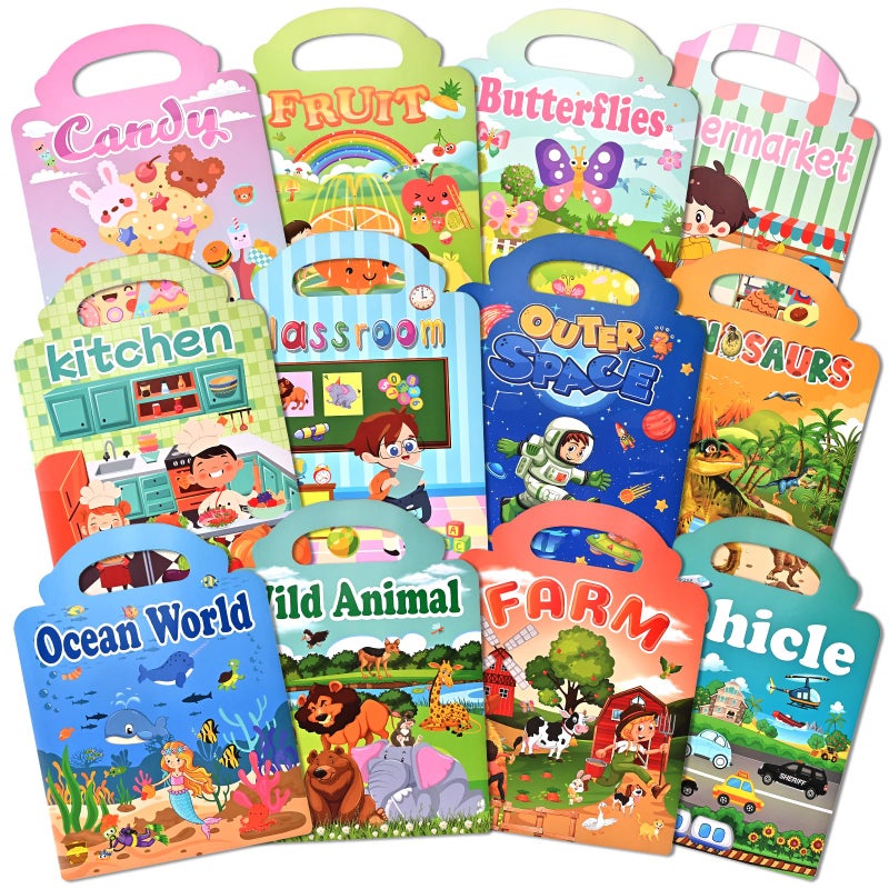 GOLDGE 12 Sets Reusable Puffy Sticker Books For Toddlers 2-4 3-6  600+ 3D Animal  Dinosaur  Space  Vehicle & Farm Stickers  Toddler Travel Toys & Birthday Gifts For Kids Boys Girls - Image 1