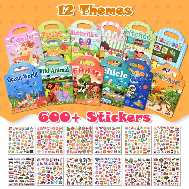 GOLDGE 12 Sets Reusable Puffy Sticker Books For Toddlers 2-4 3-6  600+ 3D Animal  Dinosaur  Space  Vehicle & Farm Stickers  Toddler Travel Toys & Birthday Gifts For Kids Boys Girls - Image 2