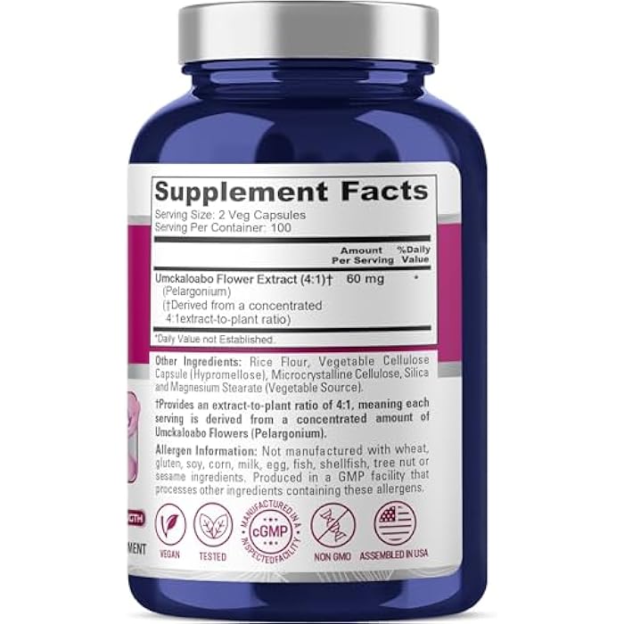 NusaPure Umckaloabo Capsules, 60 mg, 200 Veg Capsules (Non-GMO, Vegan) - Image 2