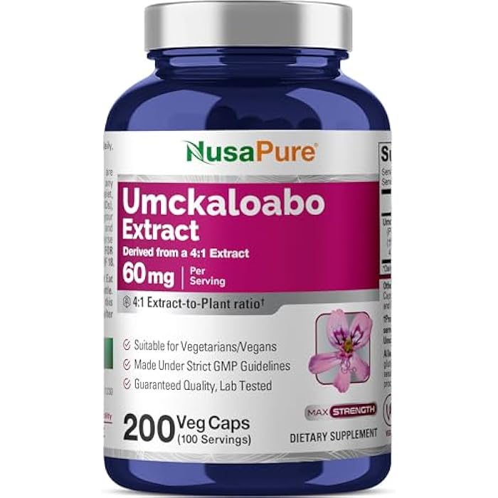 NusaPure Umckaloabo Capsules, 60 mg, 200 Veg Capsules (Non-GMO, Vegan) - Image 1