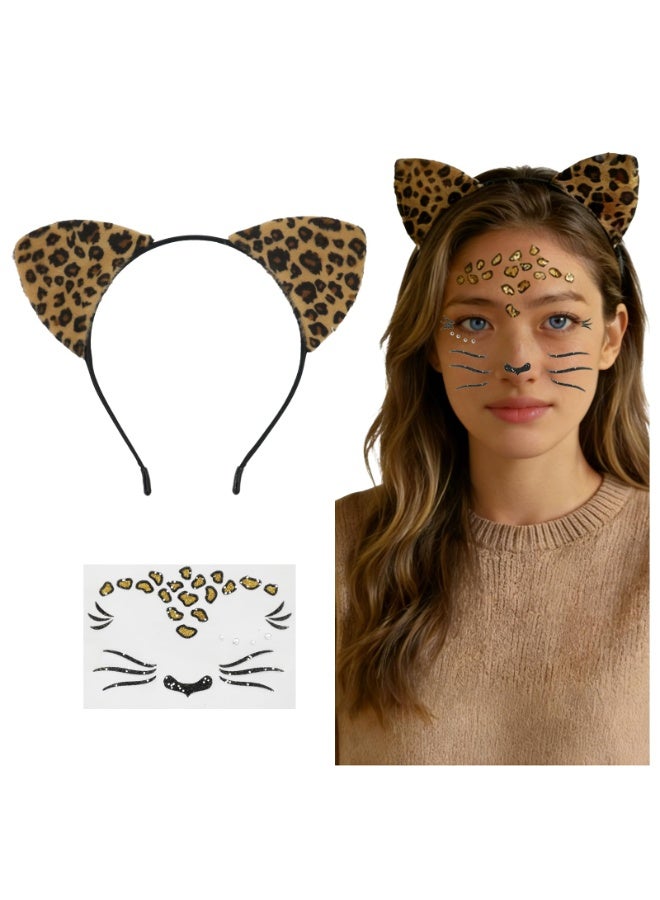 Cheetah Ears Headband with Leopard Face Art Stickers Set Halloween Costume Accessories for Women Party Decor - Image 1