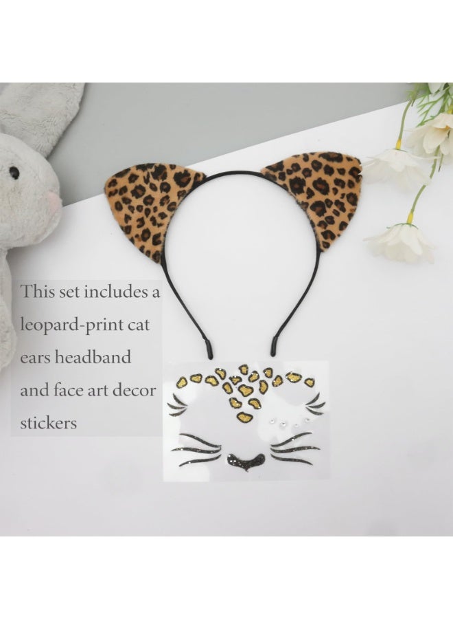 Cheetah Ears Headband with Leopard Face Art Stickers Set Halloween Costume Accessories for Women Party Decor - Image 5