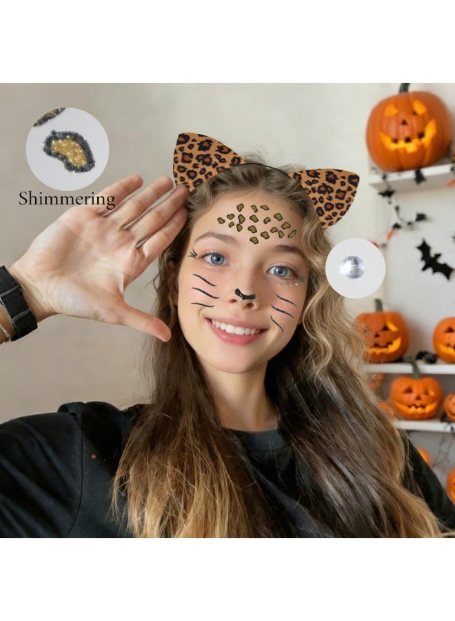 Cheetah Ears Headband with Leopard Face Art Stickers Set Halloween Costume Accessories for Women Party Decor - Image 4