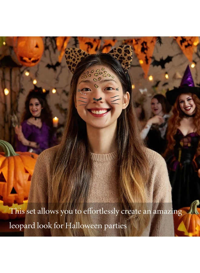 Cheetah Ears Headband with Leopard Face Art Stickers Set Halloween Costume Accessories for Women Party Decor - Image 3