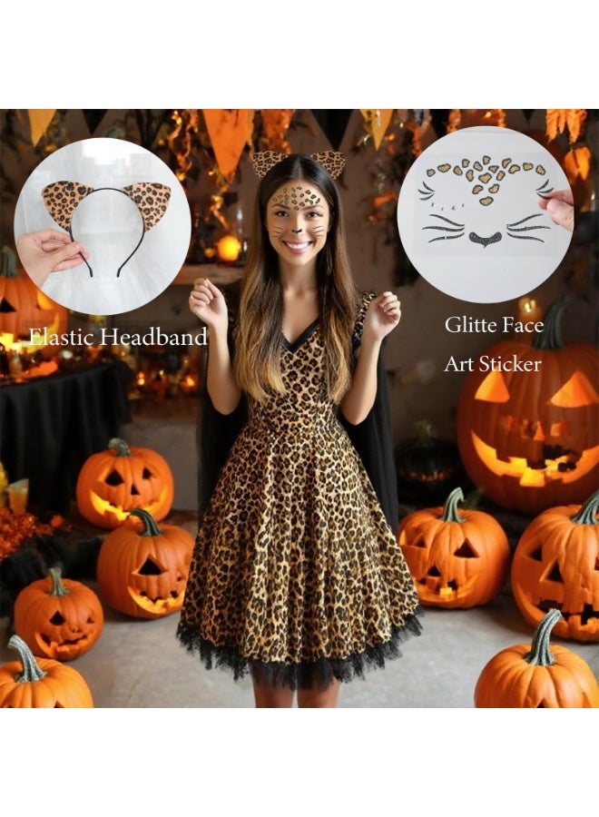 Cheetah Ears Headband with Leopard Face Art Stickers Set Halloween Costume Accessories for Women Party Decor - Image 2