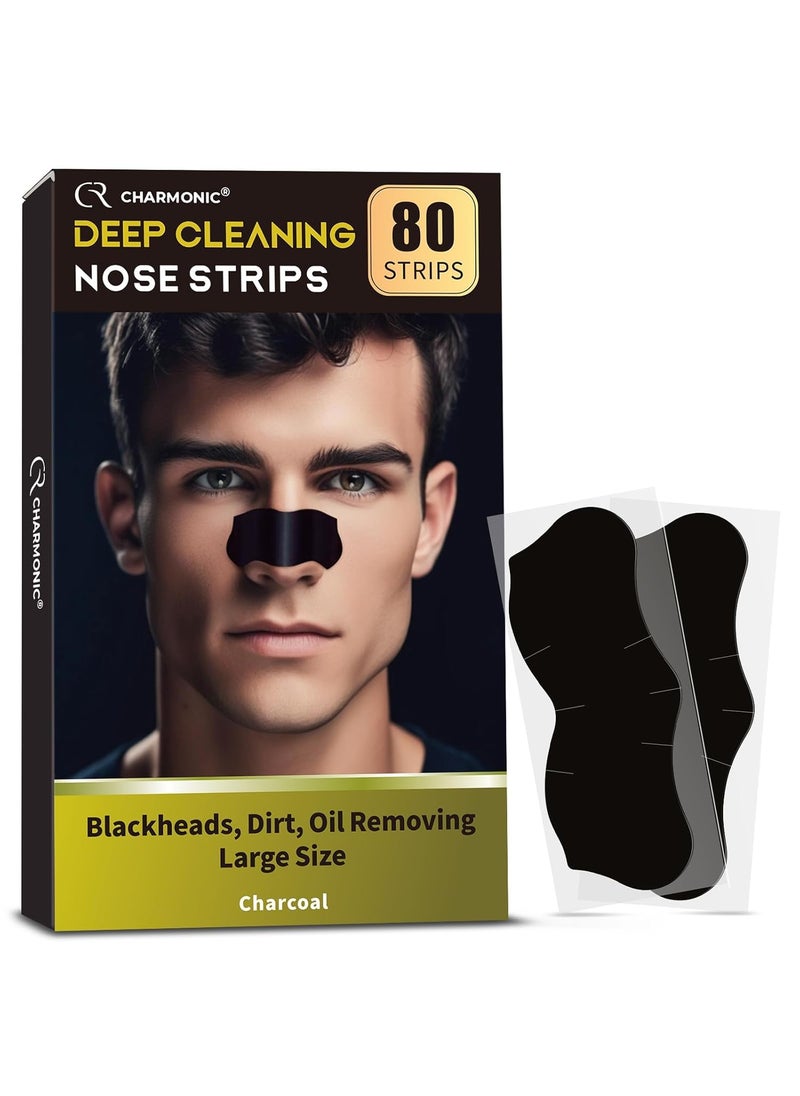Charmonic 80 Pcs Blackhead Remover Pore Strips, Black Head Remover for Face, Natural Charcoal Nose Strips for Pore Cleaner, Large Size Nose Pore Strip for Men Women for Oil Blackheads & Whiteheads Remover 
