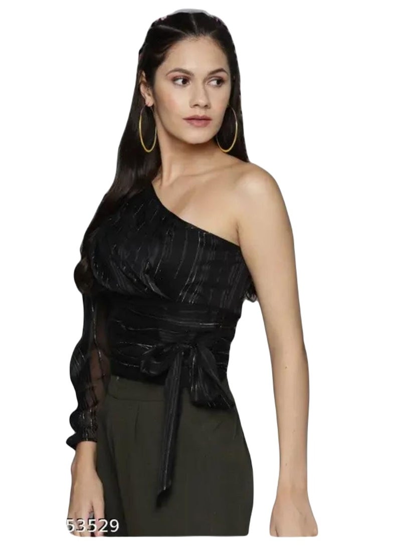 Stubborn Shirt for Women One Shoulder Long Sleeve Open Neck Black Shirts, Regular Fit, Net/Chiffon Fabric, Casual, Formal, Shirt for Woman, Dress, Summer, Top Tee, T-Shirt, Short, Tops, Design  - Image 2