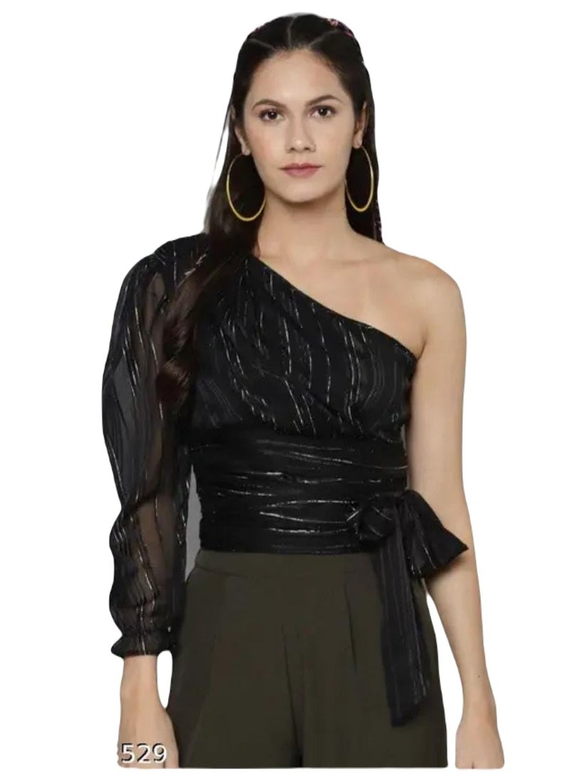 Stubborn Shirt for Women One Shoulder Long Sleeve Open Neck Black Shirts, Regular Fit, Net/Chiffon Fabric, Casual, Formal, Shirt for Woman, Dress, Summer, Top Tee, T-Shirt, Short, Tops, Design  - Image 1
