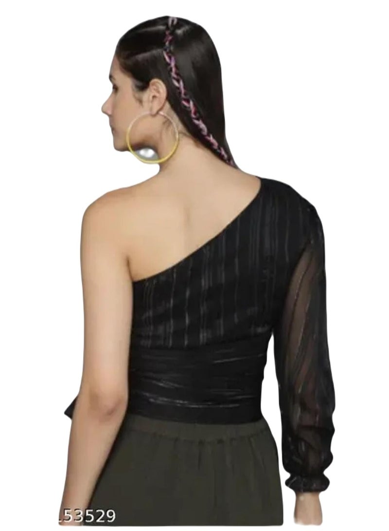 Stubborn Shirt for Women One Shoulder Long Sleeve Open Neck Black Shirts, Regular Fit, Net/Chiffon Fabric, Casual, Formal, Shirt for Woman, Dress, Summer, Top Tee, T-Shirt, Short, Tops, Design  - Image 3
