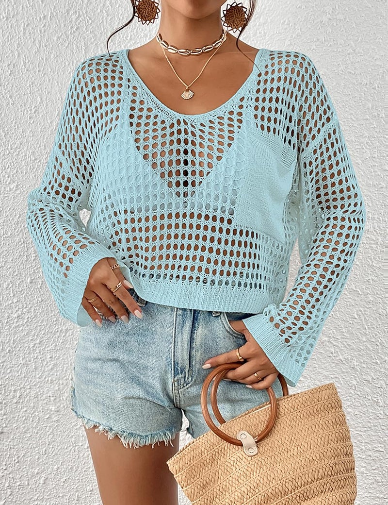 Bsubseach Womens Crochet Crop Top Beach Swimsuit Cover Up Long Sleeve Hollow Out Bathing Suit Cover Ups Light Blue - Image 3
