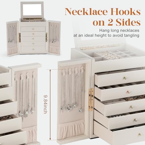 Dajasan Large Jewelry Organizer Box, Jewelry Boxes for Women Girls, 6-Tier Jewelry Storage Organizer with Mirror for Necklace Ring Bracelet Watch, Gift Idea (Beige) - Image 2